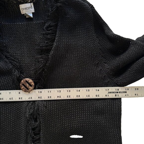 Chico's Size 2/ US L Womens Cardigan Open Weave One Button Fringe Bohemian Linen - Picture 9 of 11